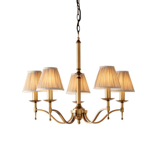 Stanford antique brass 5lt pendant & beige shades