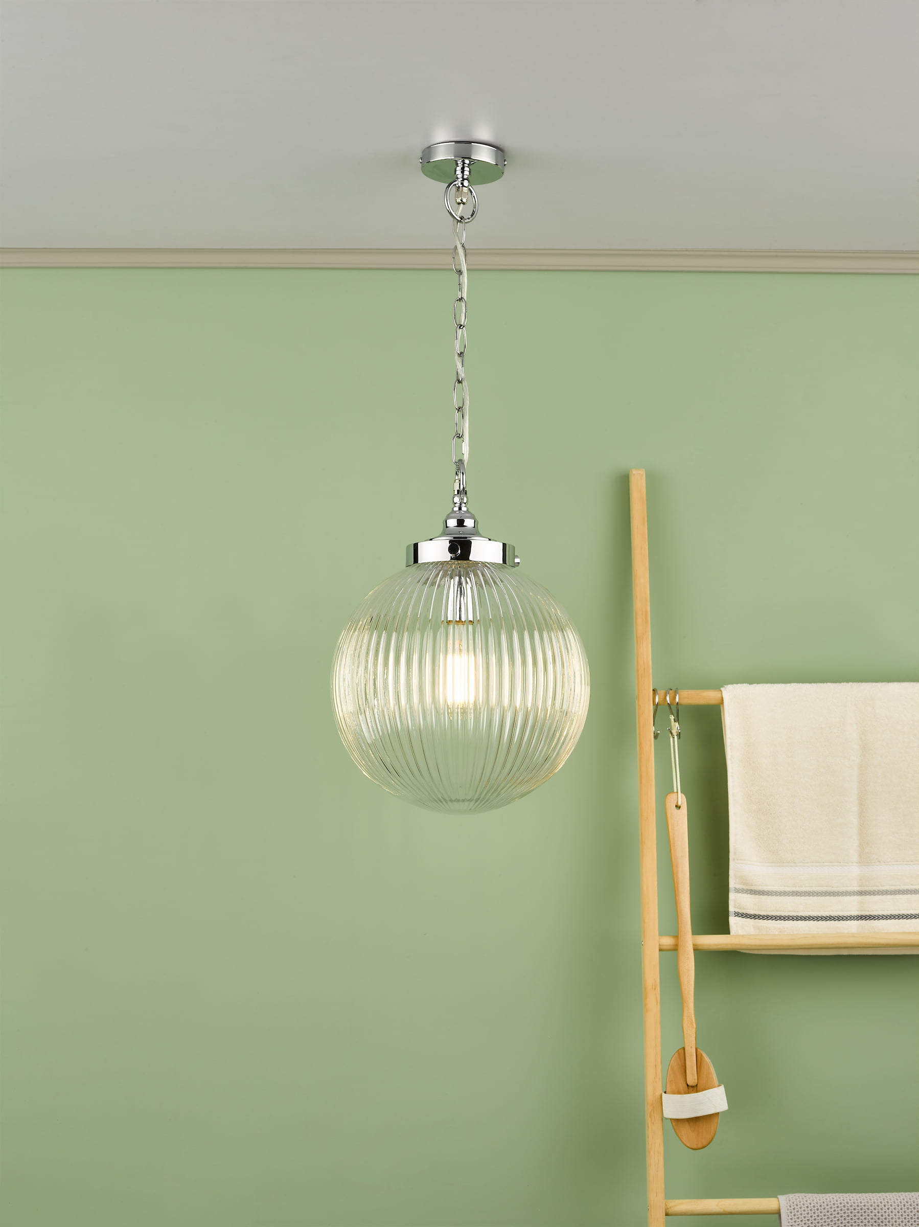 Tamara Bathroom Pendant Polished Chrome Ribbed Glass IP44 - Image 3
