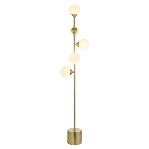 Satin brushed gold floor light with gloss white glass