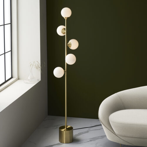 Satin brushed gold floor light with gloss white glass - Image 2