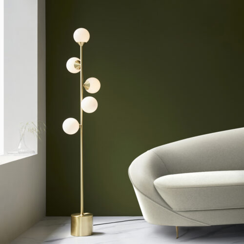 Satin brushed gold floor light with gloss white glass - Image 3