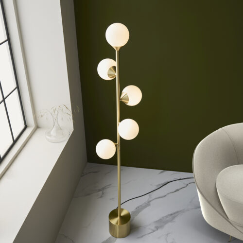 Satin brushed gold floor light with gloss white glass - Image 4