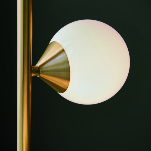 Satin brushed gold floor light with gloss white glass - Image 5