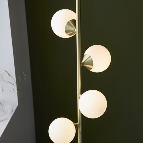 Satin brushed gold floor light with gloss white glass - Image 7